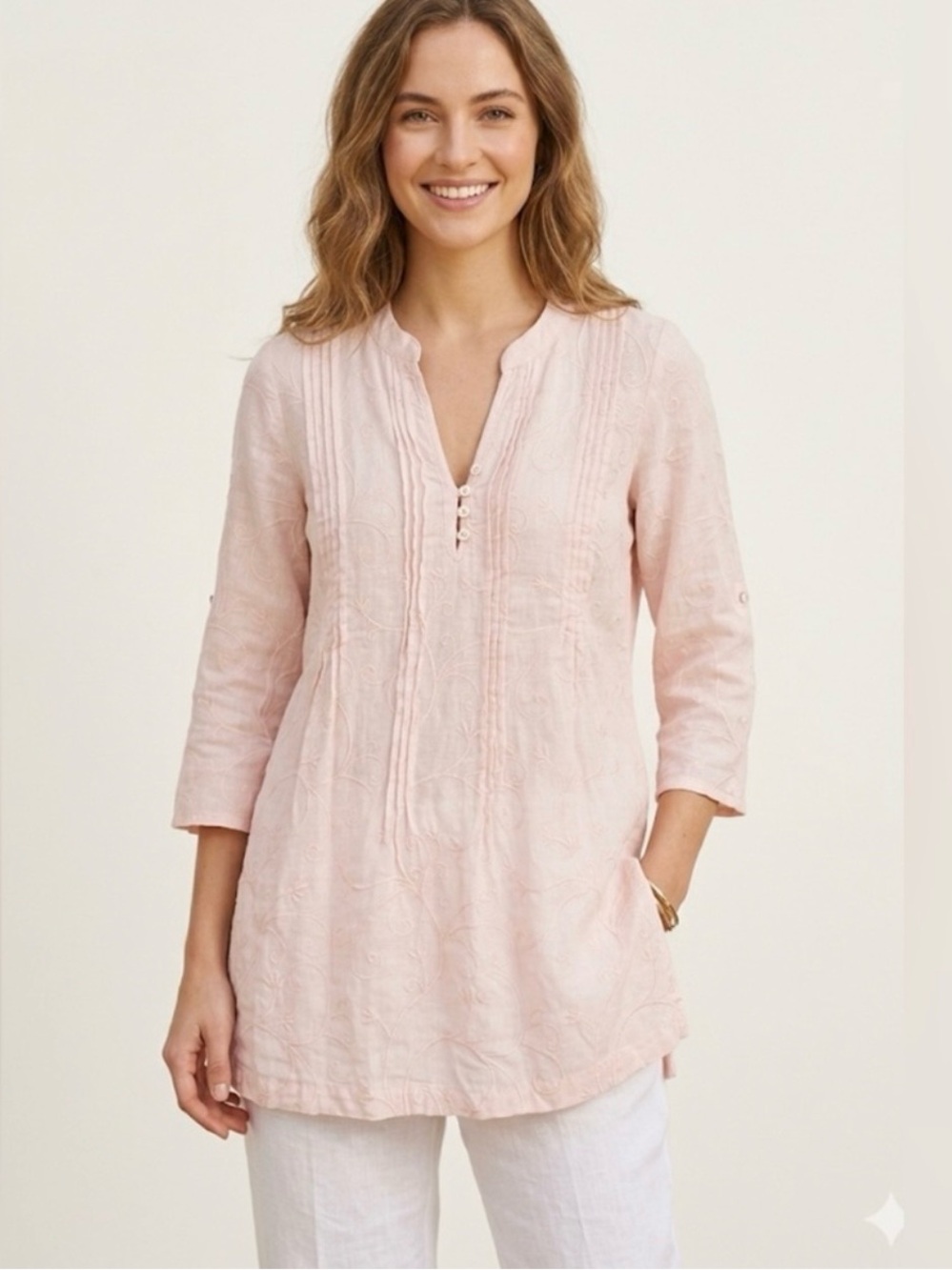 Saint Tropez West Linen Tunic Blush Pink Pintuck Pleats Relaxed Small